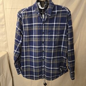 Lands' End Mens Flannel Shirt XL Blue Plaid Traditional Fit Cotton